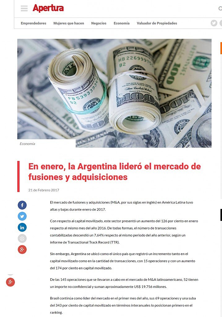 En enero, la Argentina lider el mercado de fusiones y adquisiciones